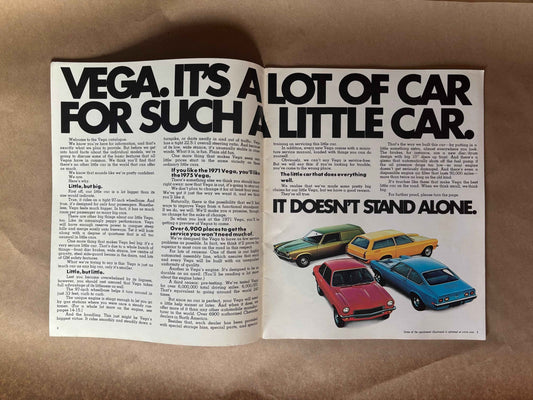 Chevy’s New Little Car is Open For Business 1971 Vega Brochure,General Motors Dealership Brochure, 1971 Chevy Vega Dealership Sales Brochure