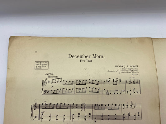 Antique December Morn. Fox Trot by Harry J. Lincoln Sheet Music. Rare 1915 December Morn. Fox Trot Composed by Harry J Lincoln Sheet Music