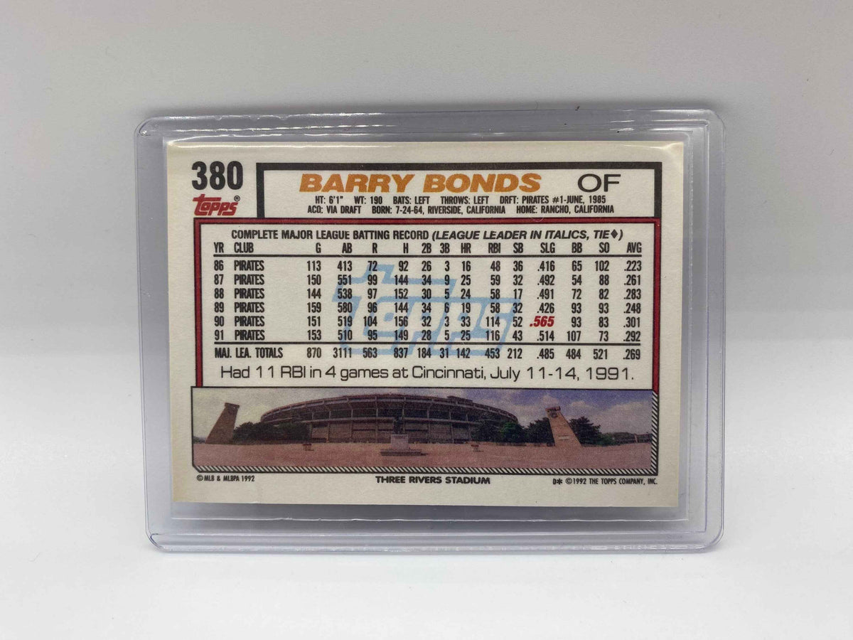 1992 Topps Barry Bonds Baseball Card, Barry Bonds Pittsburgh Pirates 1992 TOPPS 380 Baseball Card, Vintage 1992 Barry Bonds Baseball Card