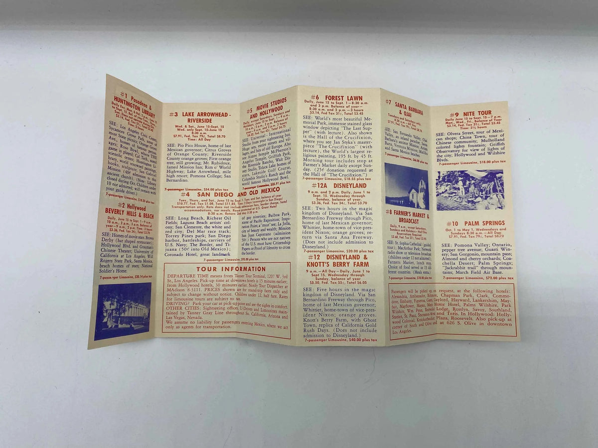 Vintage Tanner Gray Line Los Angeles Sightseeing Daily Tours Schedule, 1959 Tanner Gray Line Sightseeing Departure from Los Angeles, 1959 LA
