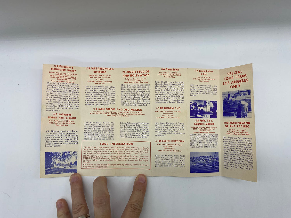 Vintage Tanner Gray Line Disneyland Sightseeing Daily Tours Schedule, 1959 Tanner Gray Line Sightseeing Departure from Knotty’s Berry Farm