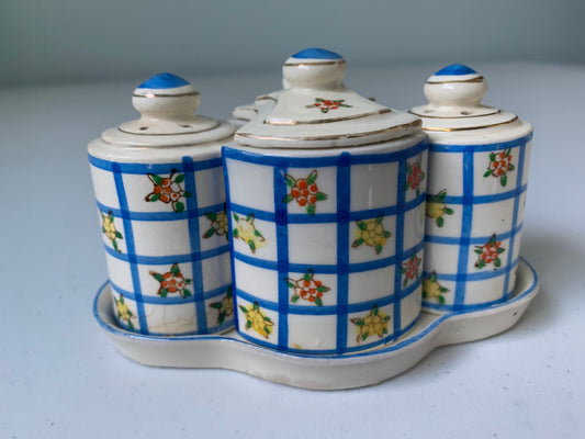 Vintage Condiment Set, Salt and Pepper and Sugar set, 3 Piece Salt & Pepper Shaker, Blue Check with Flowers Pattern, Condiment Table Setting