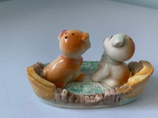 Vintage Dogs in Dog Bed Salt & Pepper Shakers, Dog Salt and Pepper Shaker, 3 Piece Salt Shaker Set, Anthropomorphic Dog Salt and Pepper, Dog