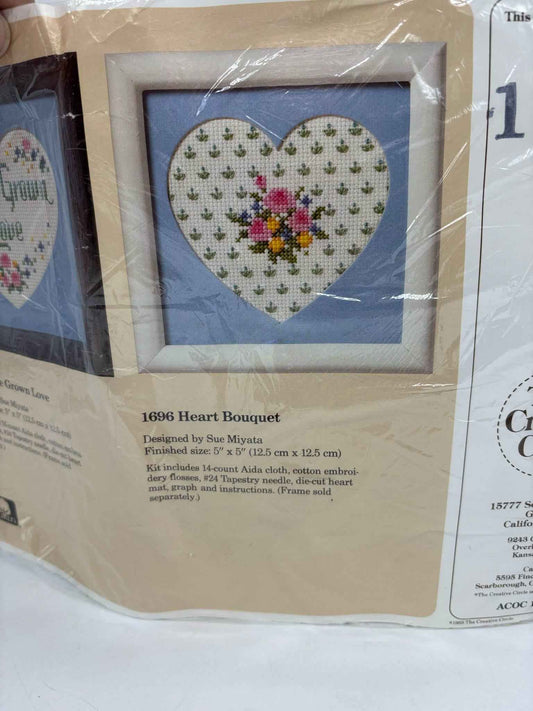 The Creative Circle Kit, 1696 Heart Bouquet Needlecraft Kit 1988, 5” x 5” Heart Bouquet Embroidery Kit, Wildflowers, Heart Cross Stitch Kit