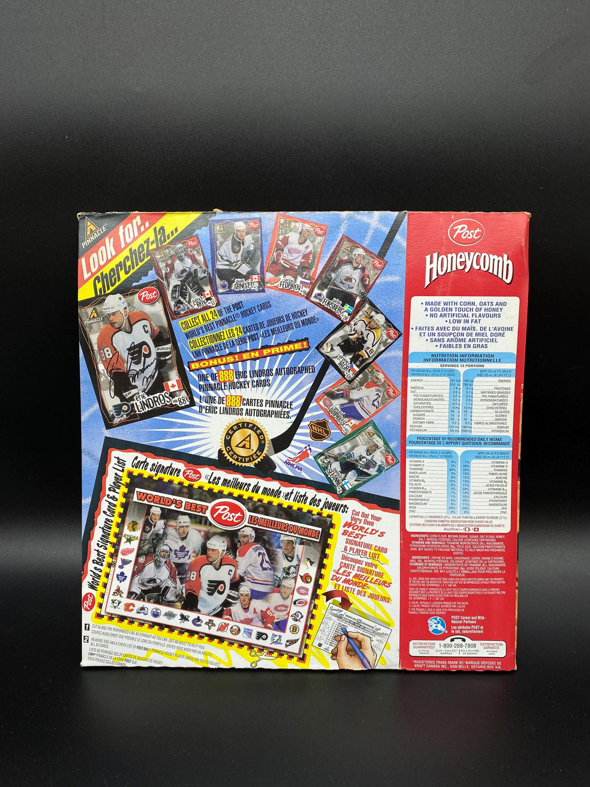 Honeycomb Eric Lindros Official Post NHL Pinnacle Player Card List, 1997 Honeycomb Eric Lindros Cereal Box Flattened, Eric Lindros 88 Flyers