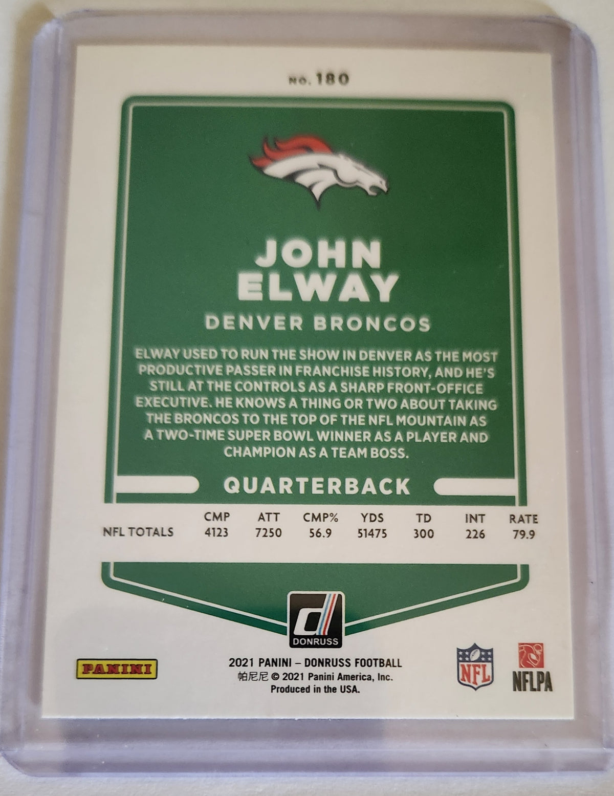 2021 John Elway card, 2021 John Elway Donruss #180 card, 2021 John Elway Panini #180 card, 2021 Denver Broncos John Elway card