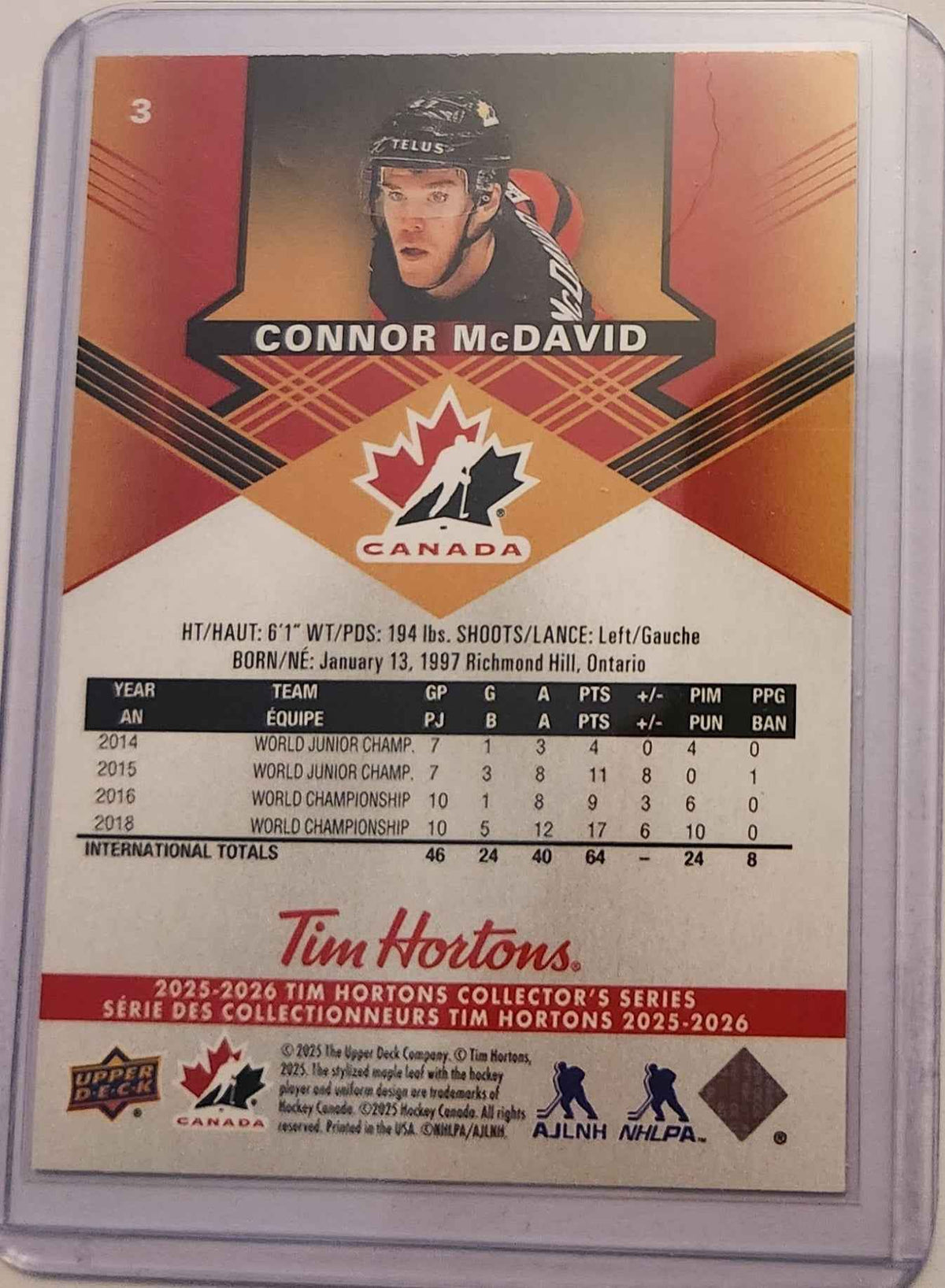 2025 Upper Deck Tim Hortons Team Canada Connor McDavid #3 Card, Connor McDavid Hockey Card, Team Canada Hockey Card