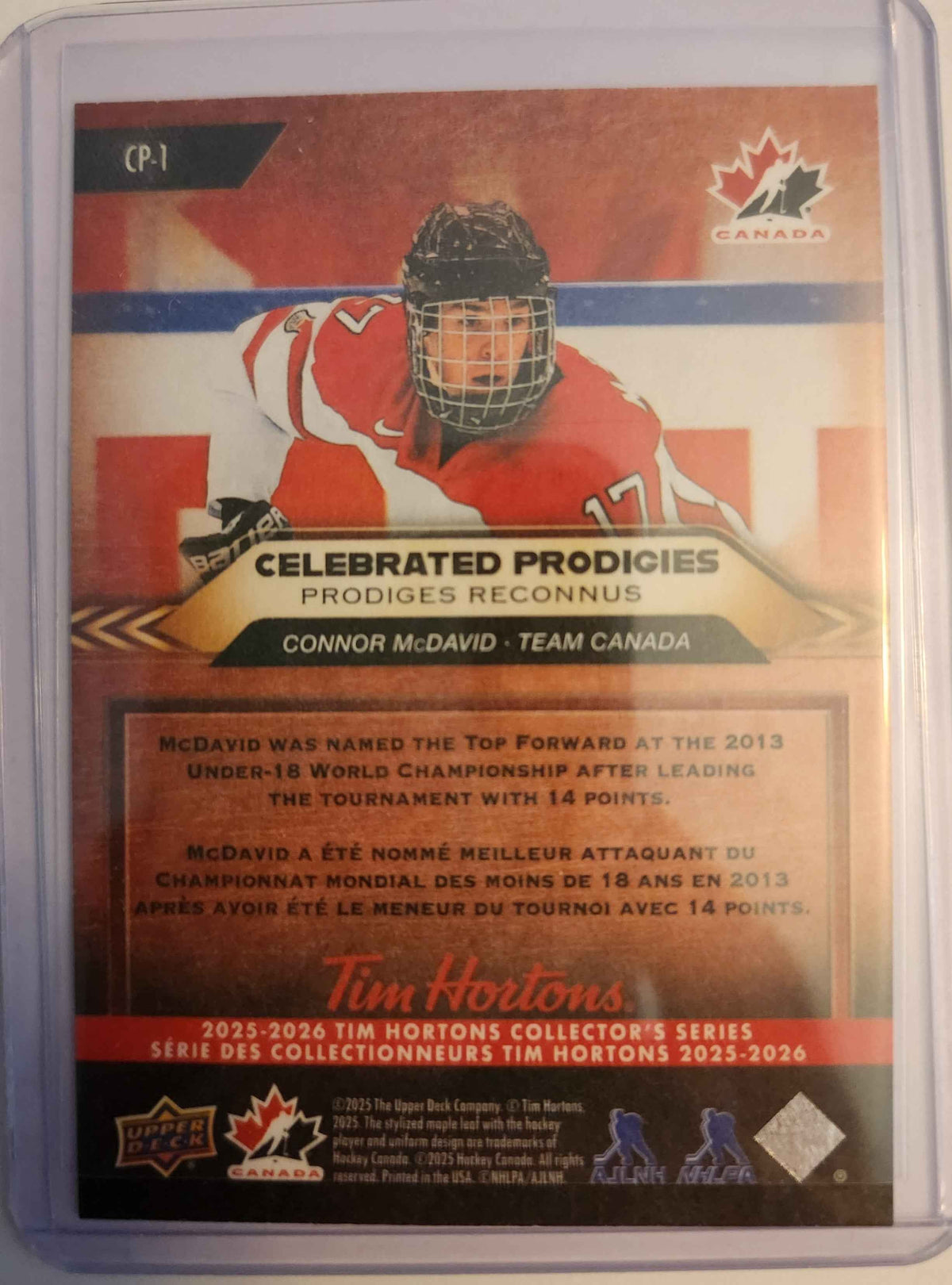 2025 Upper Deck Tim Hortons Team Canada Connor McDavid #CP-1 Celebrated Prodigies Card, Connor McDavid Hockey Card, Team Canada Hockey Card