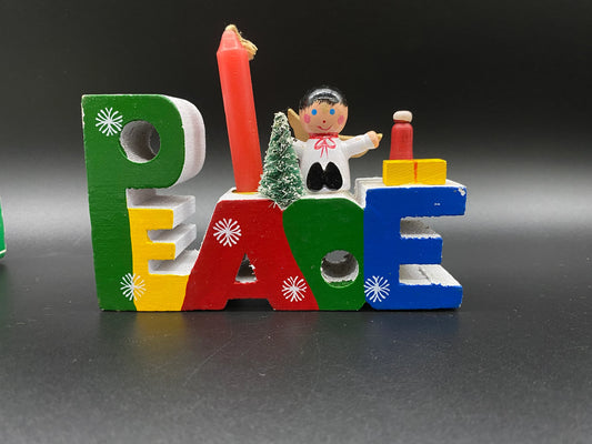 Vintage Words of Christmas Wooden Candle Holder Peace, In Box Peace Wooden Candle Holder, Words of Christmas PEACE Wooden Candle Holder