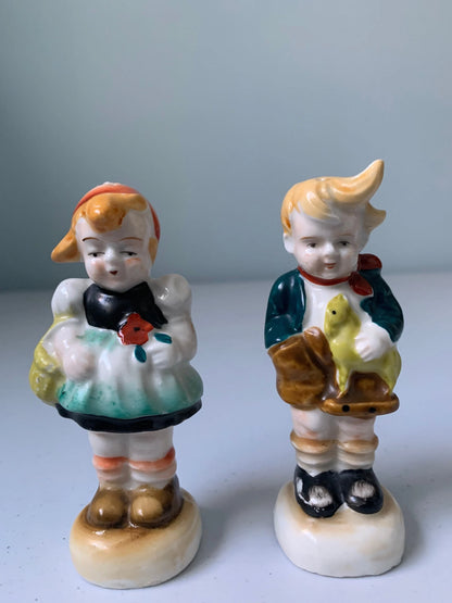 Vintage Dutch Girl and Boy Salt & Pepper Shakers, Made in Occupied Japan, Girl with flower, Boy holding Lamb Salt and Pepper Shakers, Lamb