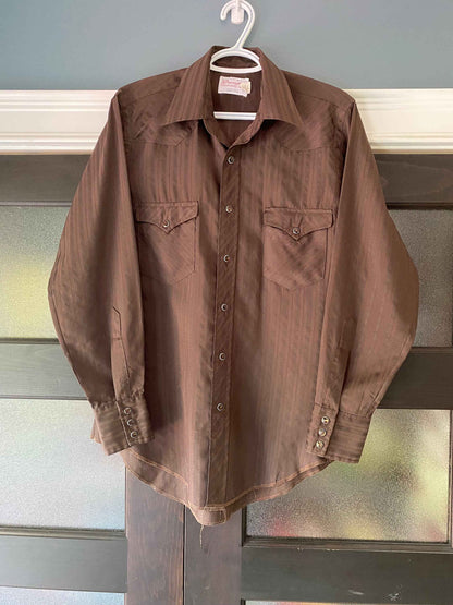 Vintage Wrangler Pearl Snap Dress Shirt, 1970’s Brown Wrangler Western Shirt Size 15 1/2 Medium, Wrangler Long Tails Western Dress Shirt USA