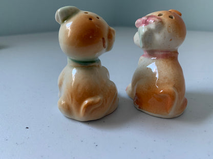 Vintage Dogs in Dog Bed Salt & Pepper Shakers, Dog Salt and Pepper Shaker, 3 Piece Salt Shaker Set, Anthropomorphic Dog Salt and Pepper, Dog