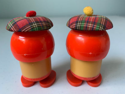 Vintage Scottish Salt and Pepper Shakers, Plastic Red Men Wearing Plaid Tam, Kitschy Anthropomorphic Scottish Men Salt and Pepper Shakers