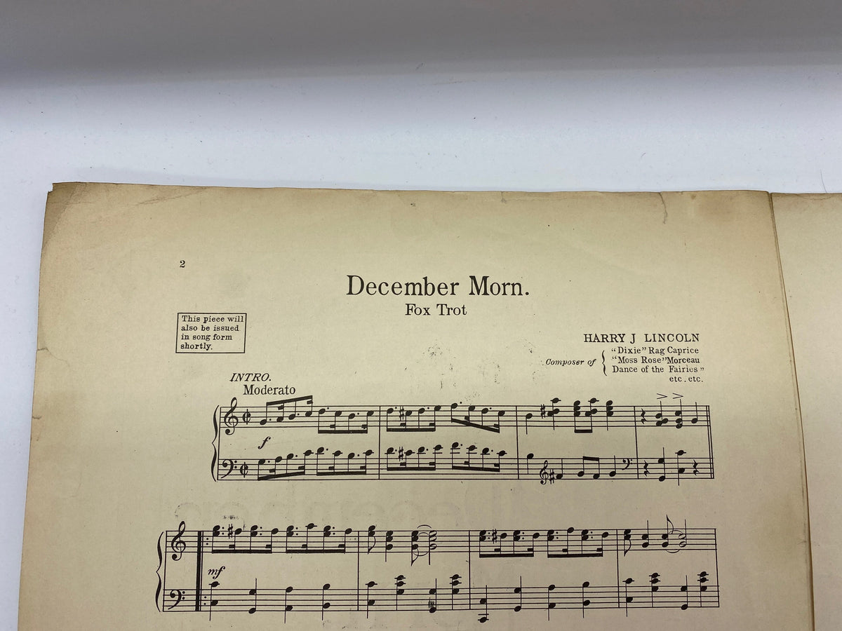 Antique December Morn. Fox Trot by Harry J. Lincoln Sheet Music. Rare 1915 December Morn. Fox Trot Composed by Harry J Lincoln Sheet Music