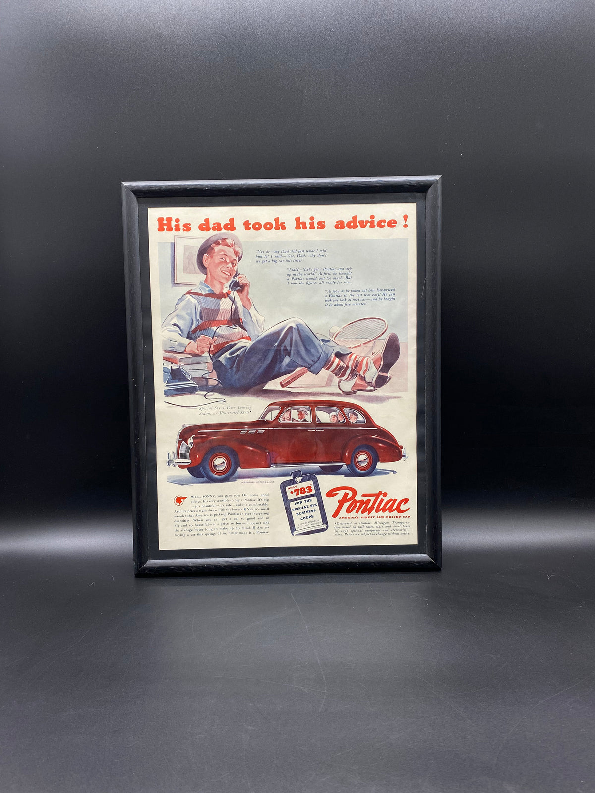 Original 1940 Pontiac Special Six Touring Sedan Advertisement Framed, Special Six 4-Door Touring Sedan General Motors 1940 Advertisement
