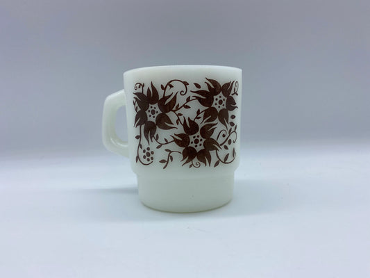 Anchor Hocking Brown Flower Design Coffee Mug, Anchor Hocking Brown Flower Cup, Milk Glass Brown Flower Pattern, Vintage Anchor Hocking Mug