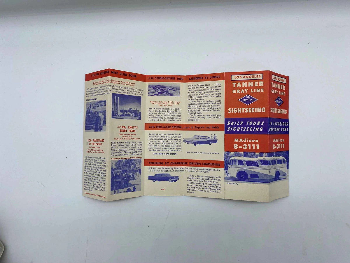 Vintage Tanner Gray Line Los Angeles Sightseeing Daily Tours Schedule, 1959 Tanner Gray Line Sightseeing Departure from Los Angeles, 1959 LA