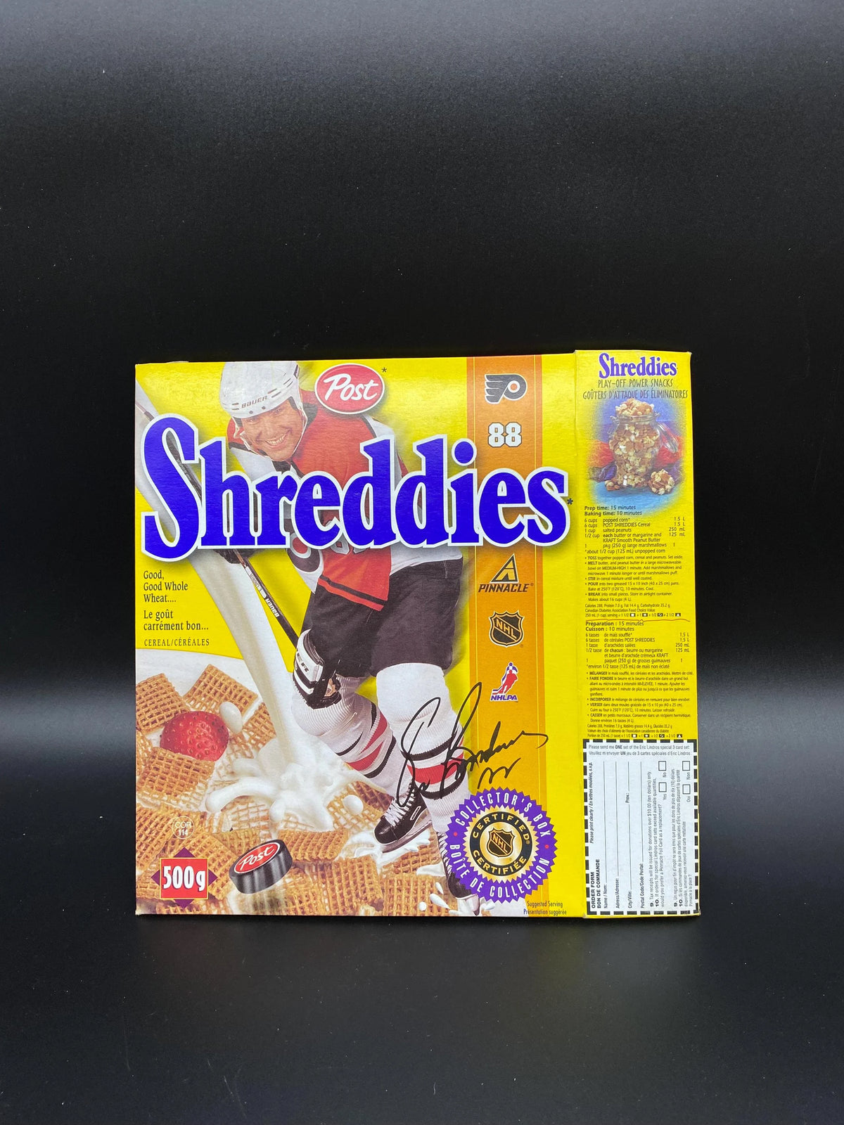 Shreddies Eric Lindros Official Post NHL Pinnacle Collector’s Box 1997, Shreddies Eric Lindros Cereal Box Flattened, Eric Lindros 88 Flyers