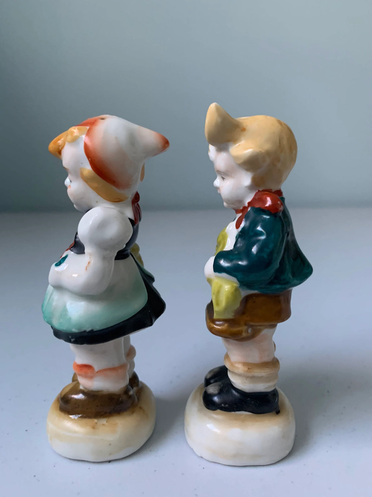 Vintage Dutch Girl and Boy Salt & Pepper Shakers, Made in Occupied Japan, Girl with flower, Boy holding Lamb Salt and Pepper Shakers, Lamb