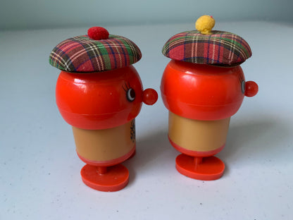 Vintage Scottish Salt and Pepper Shakers, Plastic Red Men Wearing Plaid Tam, Kitschy Anthropomorphic Scottish Men Salt and Pepper Shakers
