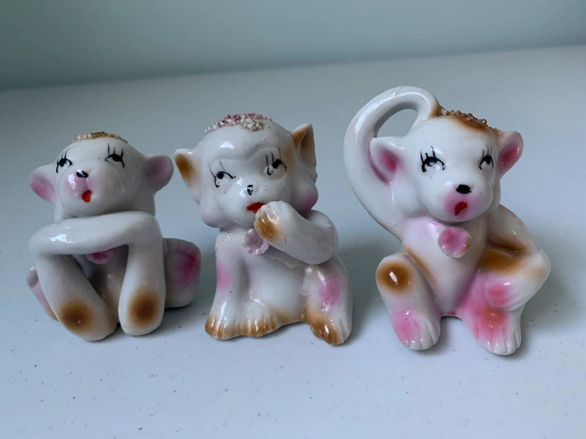 Vintage Spaghetti Porcelain Monkey Figures, Japan Monkeys in Poses Figurines, Thinking Monkey, Bashful Monkey, Surprised Monkey, Monkeys