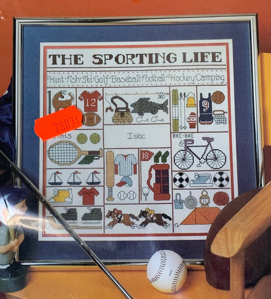 The Sporting Life Counted Cross Stitch Kit, 50621 The Sporting Life, 1991 Something Special, Candamar Designs, Boys Room Cross Stitch Sample