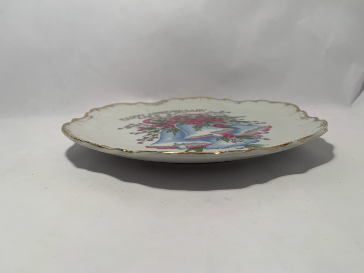 Vintage Happy Anniversary Collectors Plate, Gold Edged Happy Anniversary Plate with Blue Bells and Flowers, Made in Japan, Wedding Bells