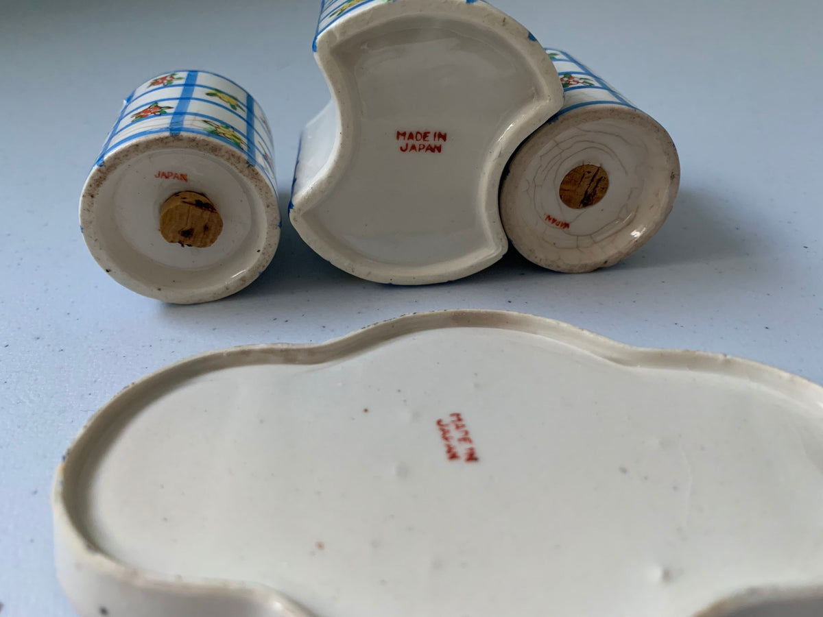 Vintage Condiment Set, Salt and Pepper and Sugar set, 3 Piece Salt & Pepper Shaker, Blue Check with Flowers Pattern, Condiment Table Setting