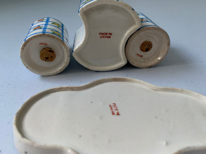 Vintage Condiment Set, Salt and Pepper and Sugar set, 3 Piece Salt & Pepper Shaker, Blue Check with Flowers Pattern, Condiment Table Setting