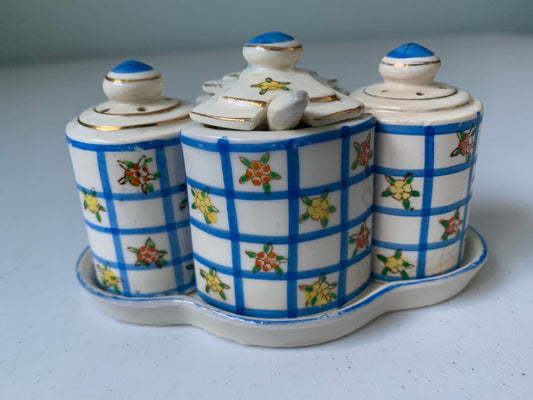 Vintage Condiment Set, Salt and Pepper and Sugar set, 3 Piece Salt & Pepper Shaker, Blue Check with Flowers Pattern, Condiment Table Setting