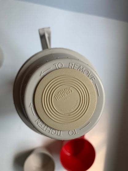 Vintage Thermos, Thermos Quart Size with Three Drink Cups, Removable Thermos Insert, Model 2402 Thermos, Cream Colour Brick Red Thermos 24F