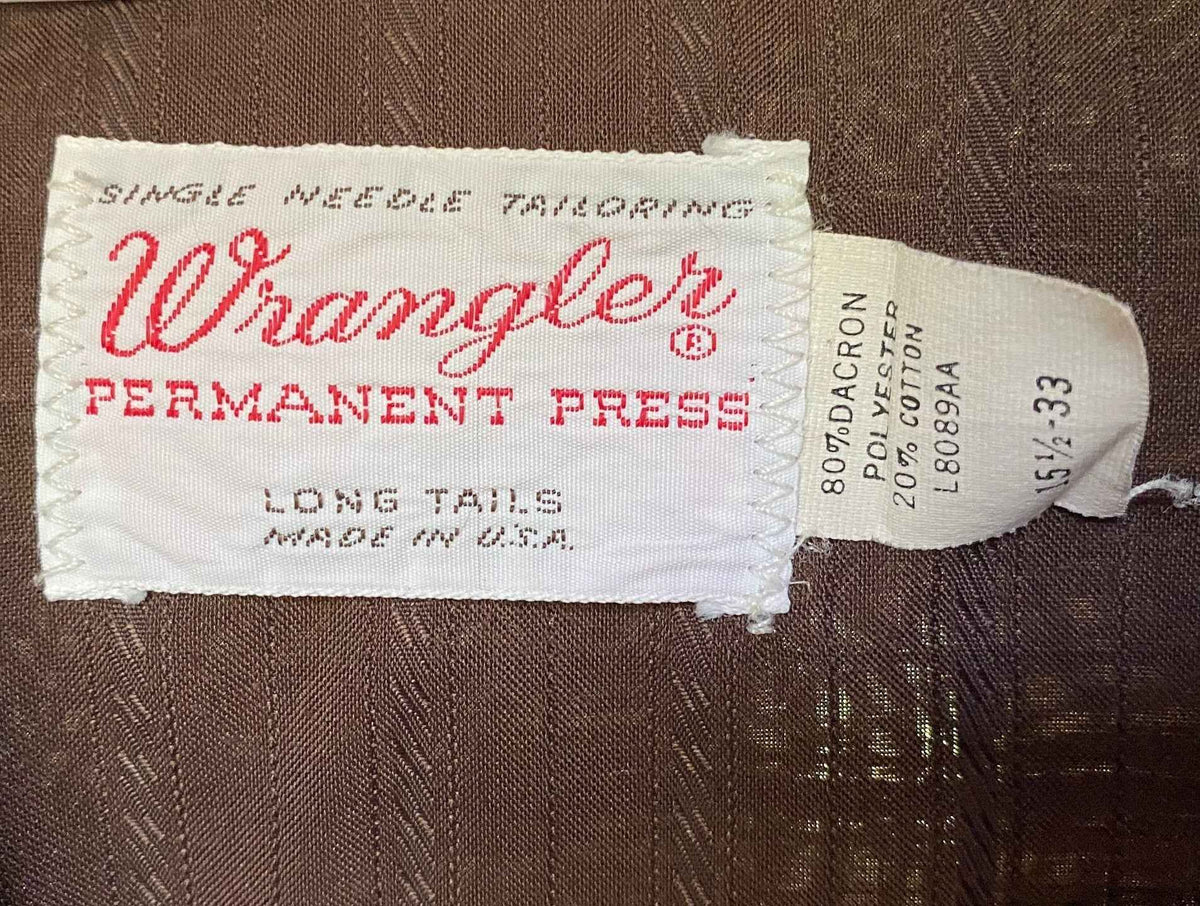 Vintage Wrangler Pearl Snap Dress Shirt, 1970’s Brown Wrangler Western Shirt Size 15 1/2 Medium, Wrangler Long Tails Western Dress Shirt USA