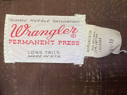 Vintage Wrangler Pearl Snap Dress Shirt, 1970’s Brown Wrangler Western Shirt Size 15 1/2 Medium, Wrangler Long Tails Western Dress Shirt USA