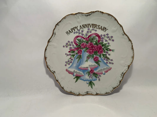 Vintage Happy Anniversary Collectors Plate, Gold Edged Happy Anniversary Plate with Blue Bells and Flowers, Made in Japan, Wedding Bells