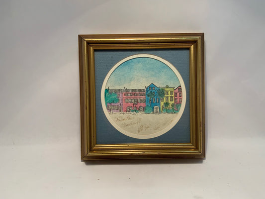 Vintage Rainbow Row Charleston Watercolor 4.5”, 7.5” Framed Rainbow Row Charleston SC Artist pool, Signed Rainbow Row Water Color Painting