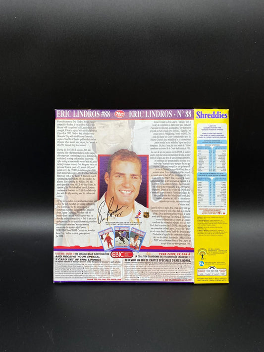 Shreddies Eric Lindros Official Post NHL Pinnacle Collector’s Box 1997, Shreddies Eric Lindros Cereal Box Flattened, Eric Lindros 88 Flyers