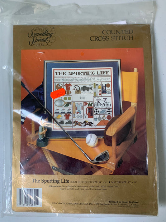 The Sporting Life Counted Cross Stitch Kit, 50621 The Sporting Life, 1991 Something Special, Candamar Designs, Boys Room Cross Stitch Sample