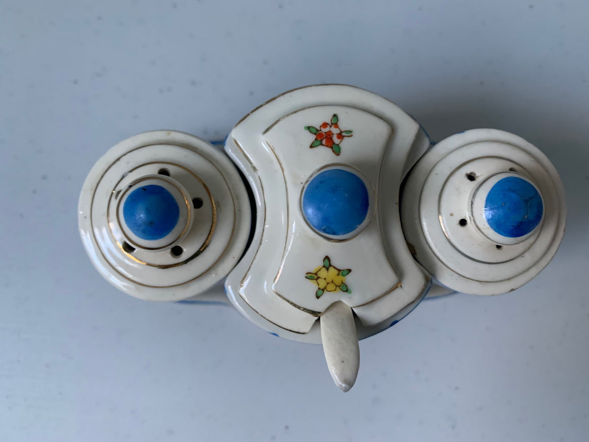 Vintage Condiment Set, Salt and Pepper and Sugar set, 3 Piece Salt & Pepper Shaker, Blue Check with Flowers Pattern, Condiment Table Setting