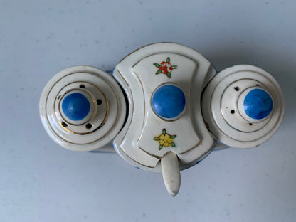 Vintage Condiment Set, Salt and Pepper and Sugar set, 3 Piece Salt & Pepper Shaker, Blue Check with Flowers Pattern, Condiment Table Setting