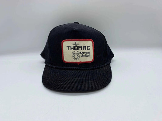 Vintage THOMAC Services Limited Black Corduroy Trucker Hat, Vintage Corduroy Snap Back Trucker Hat, Snap Back Black Corduroy Trucker Hat