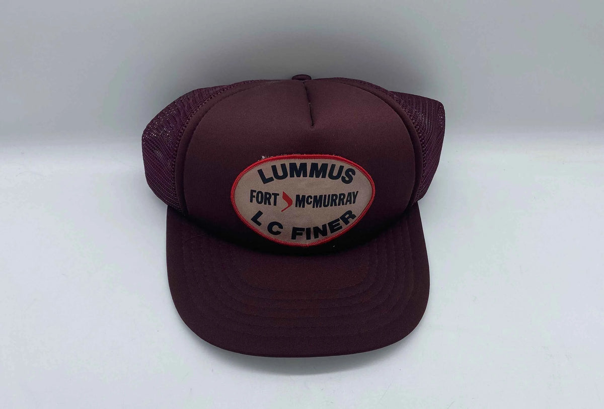 Lummus Fort McMurray L C Finer Trucker Hat, Vintage L C Finer Fort McMurray Mesh SnapBack Trucker Hat, Burgundy Lummus Trucker Hat, Mesh Hat