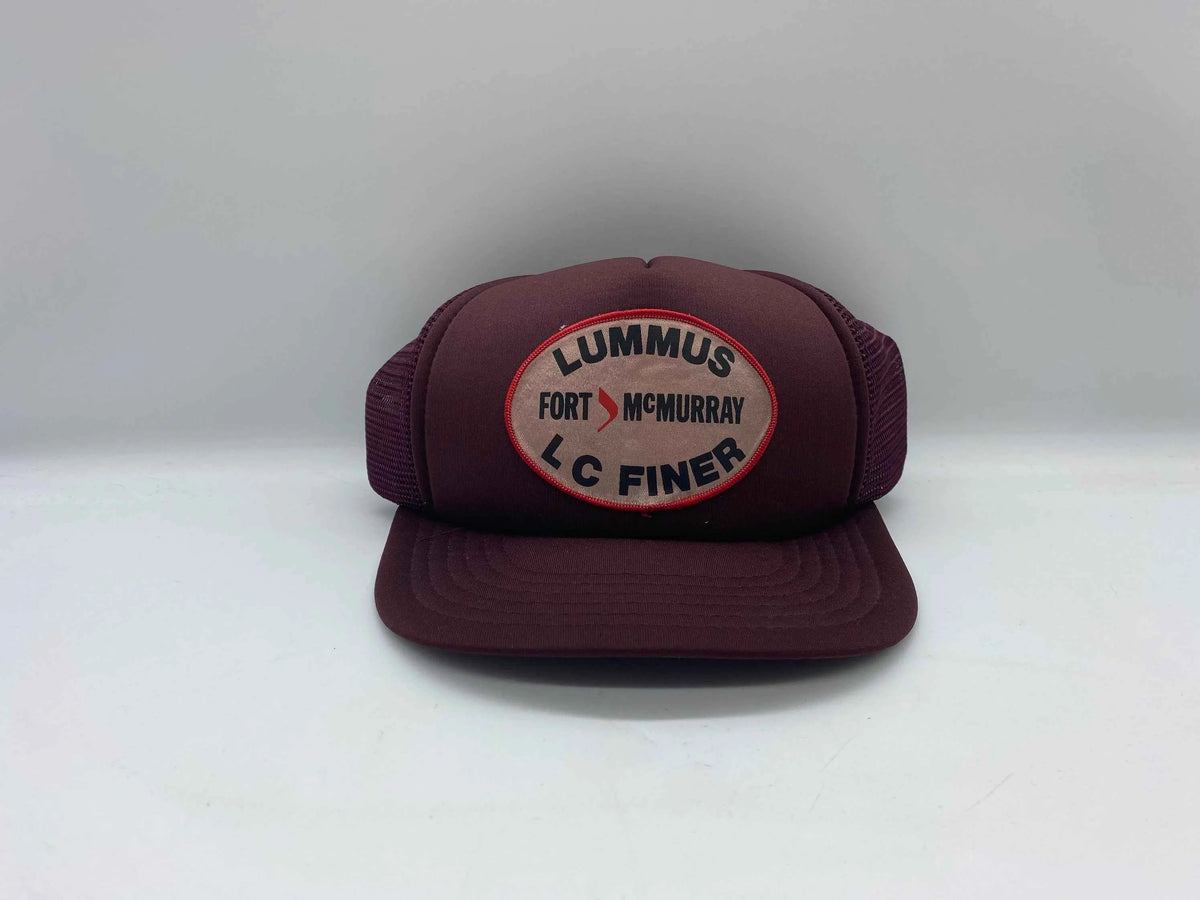 Lummus Fort McMurray L C Finer Trucker Hat, Vintage L C Finer Fort McMurray Mesh SnapBack Trucker Hat, Burgundy Lummus Trucker Hat, Mesh Hat