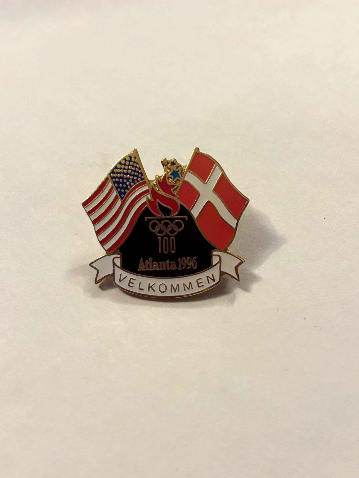Atlanta 1996 Olympic 100 Denmark Velkommen Pin, Rare Atlanta 1996 Olympic 100 Denmark Welcome Pin, 1996 Denmark Olympic Pin, 1996 Olympics