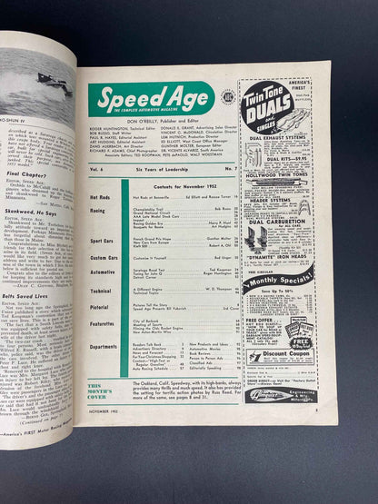 Speed Age November 1952 Vol. 6 No. 7, Speed Age The Complete Automotive Magazine November 1952, Speed Age Cover 252MPH Hot Rod November 1952