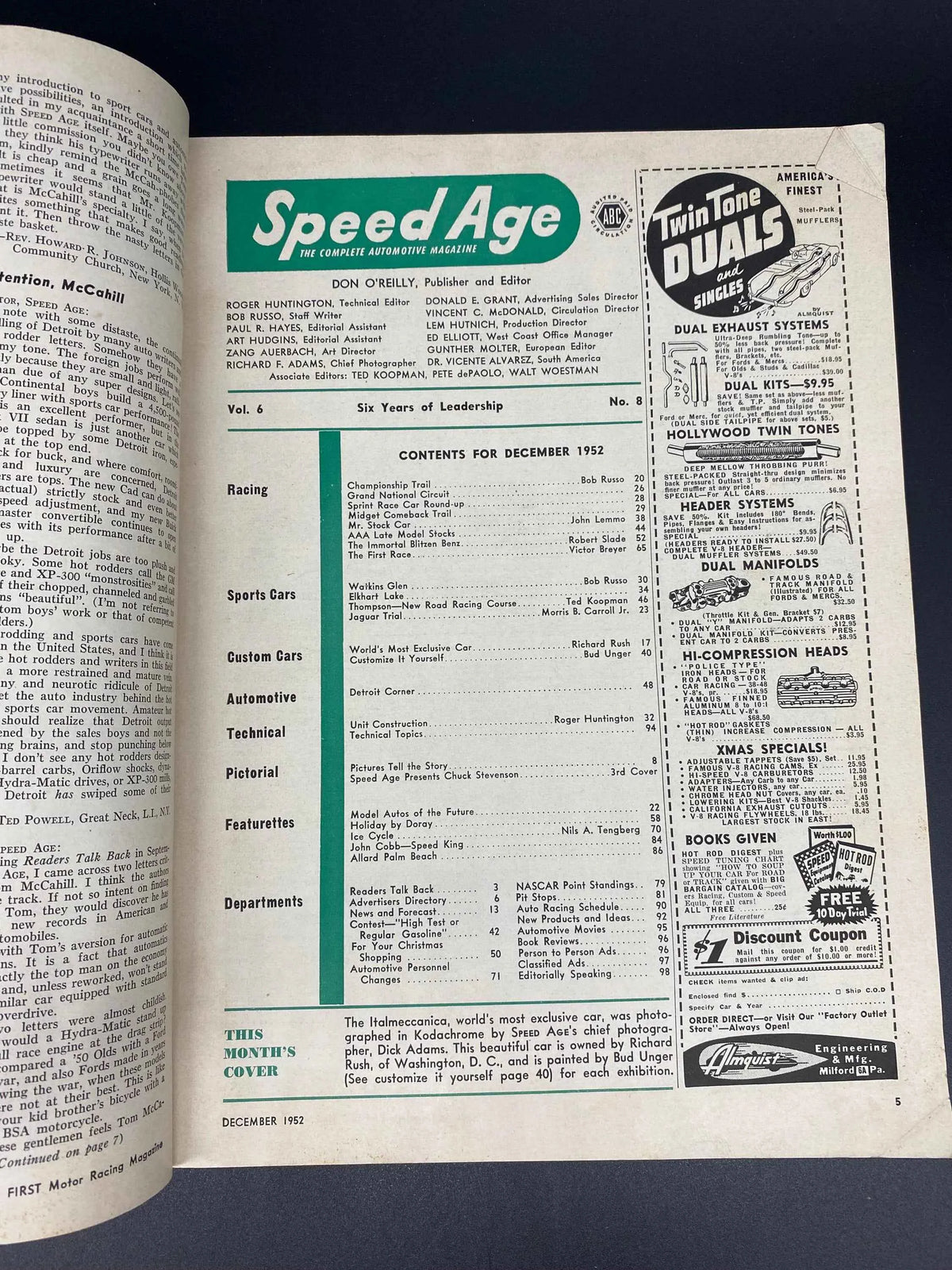 Speed Age December 1952 Vol. 6 No. 8, Speed Age The Complete Automotive Magazine December 1952, Speed Age Cover Italmeccanica December 1952