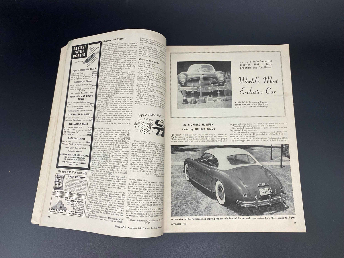 Speed Age December 1952 Vol. 6 No. 8, Speed Age The Complete Automotive Magazine December 1952, Speed Age Cover Italmeccanica December 1952