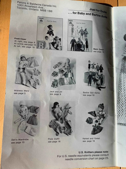 Vintage Patons Beehive Just For Dolls Pattern Book, Knit Dolls Clothing Pattern, Knit Barbie Clothing Pattern, Patons Beehive Doll Clothes