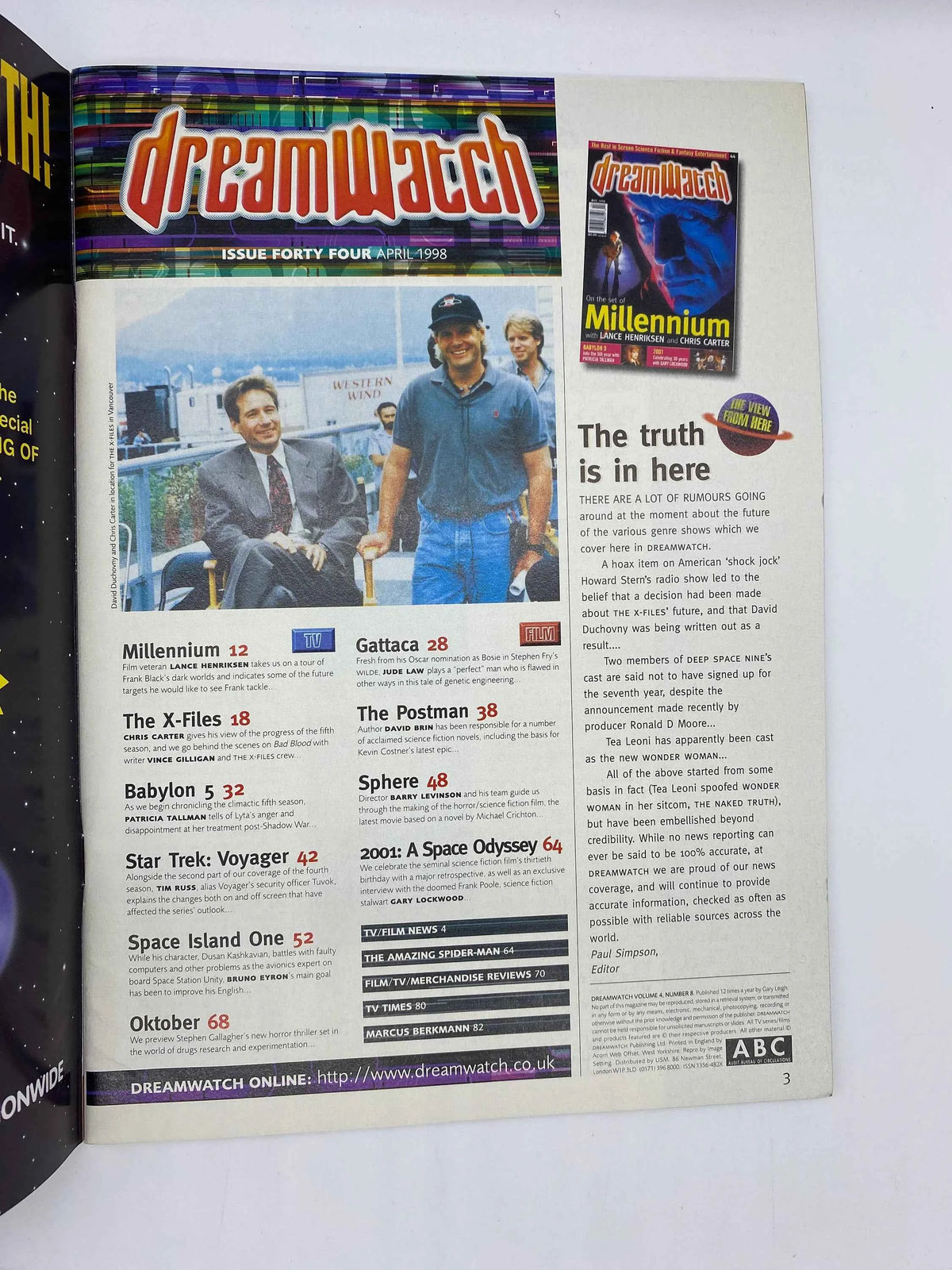 DreamWatch Magazine 44 April 1998 Millenium Cover, DreamWatch Magazine #44 Vol. 4 No. 8, DreamWatch #44 Millenium Lance Henriksen Cover