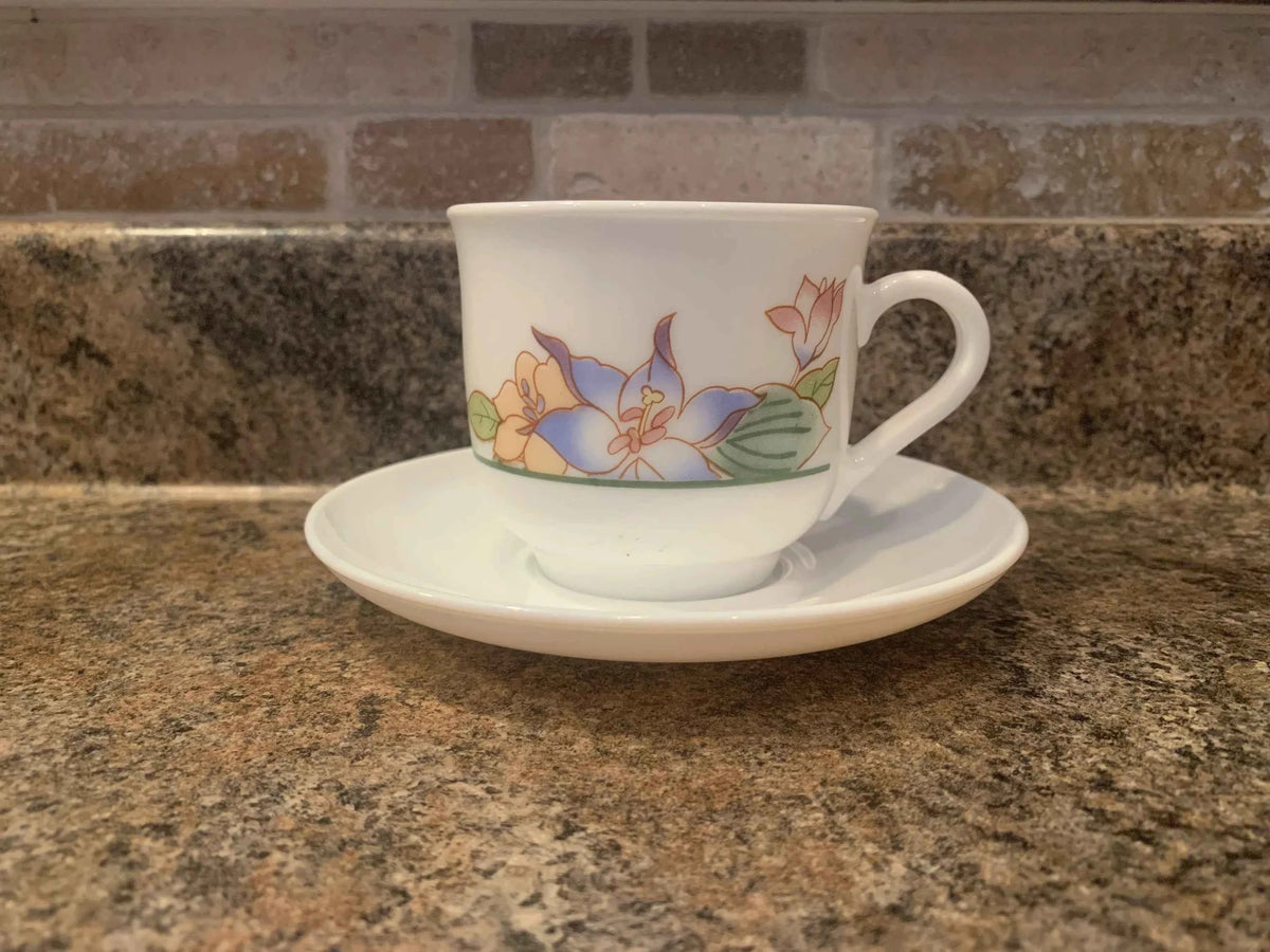 Vintage Arcopal France Lilly Flowers Teacup and Saucer, Arcopal Blue Peach and Pink Lilly Teacup, Pastel Flowers Arcopal Cup, Arcopal Cup