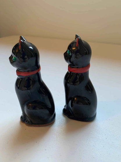 Vintage Siamese Black Cat Salt & Pepper Shaker, Green Gem Eyes Cat Japan Salt and Pepper, Black Cat with Red Bow Salt and Pepper Shaker, Cat